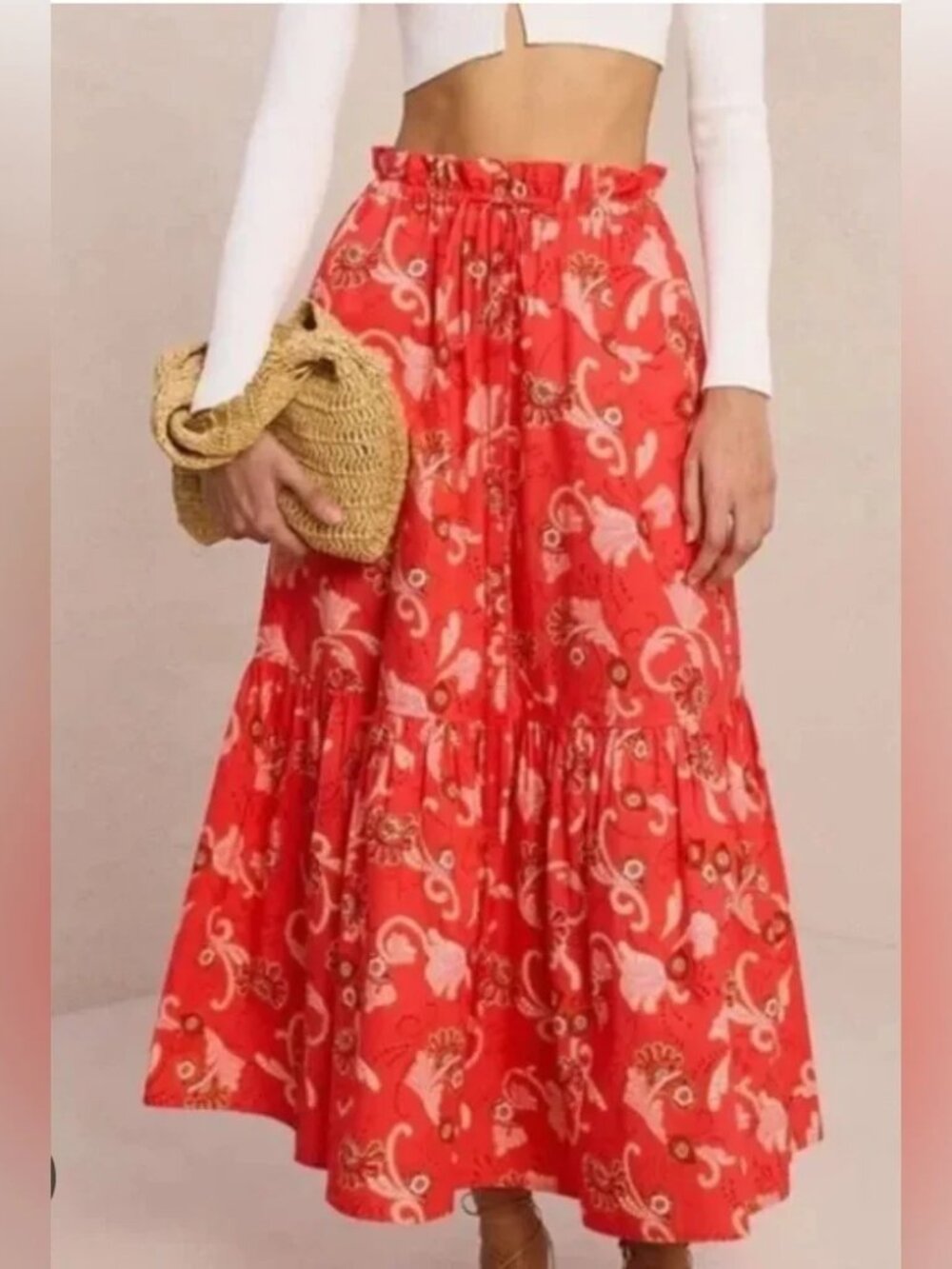 A.L.C. Francis Tiered Paisley Floral Maxi Skirt in Red / Pink, Size 4